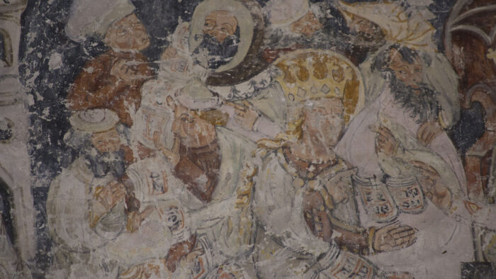 Wandmalerei Legende der Heiligen Katharina an der Nordwand der Kirche in Schmiegen; Siebenbuergen