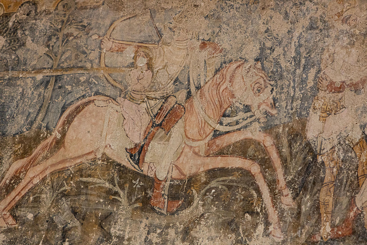 Ausschnitt aus der Legende des Heiligen Ladislaus als Wandmalerei in der Kirche von Schmiegen